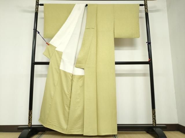  平和屋着物 上質な色無地 霞地紋 青朽葉色 正絹 ud 色無地 着物