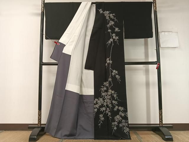 平和屋着物 訪問着 楓文 黒地 金彩 正絹 vp