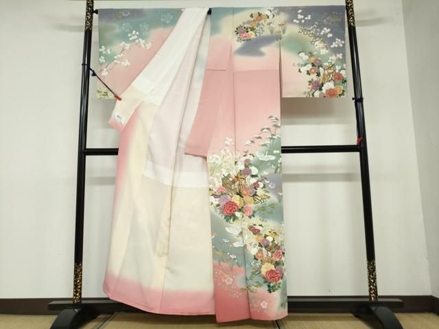 平和屋着物 訪問着 刺繍 御所車飛鶴草花文 暈し染め 金彩 正絹 ud