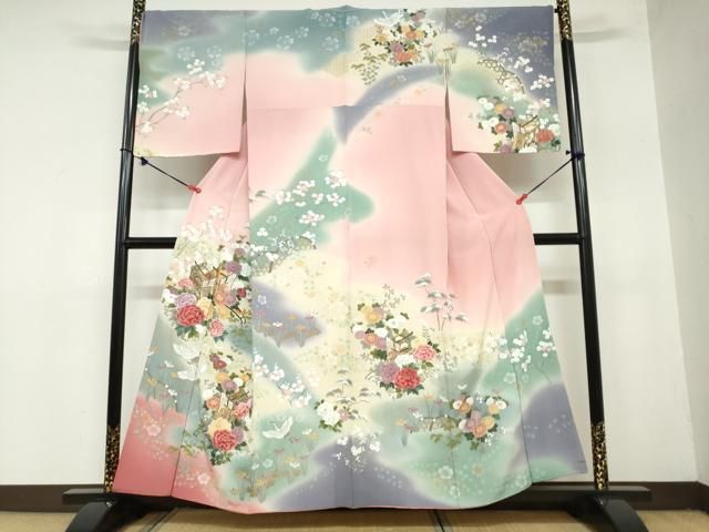 平和屋着物 訪問着 刺繍 御所車飛鶴草花文 暈し染め 金彩 正絹 ud