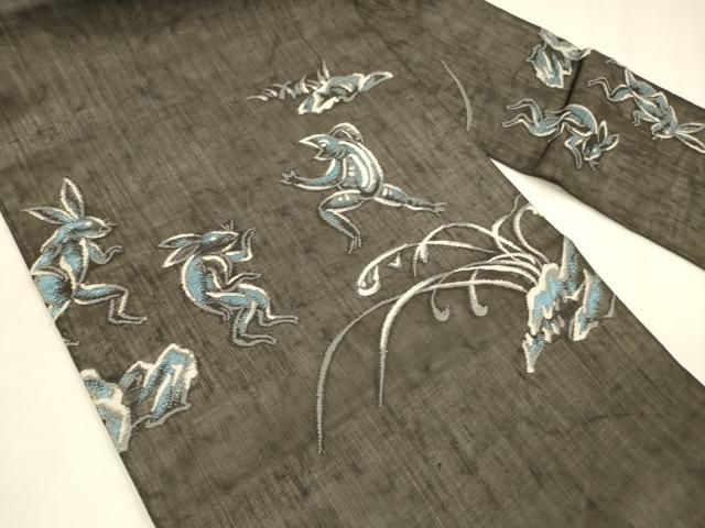 平和屋着物 夏物 絹芭蕉 九寸名古屋帯 鳥獣戯画 黒地 銀糸 正絹 cm