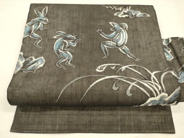 平和屋着物 夏物 絹芭蕉 九寸名古屋帯 鳥獣戯画 黒地 銀糸 正絹 cm