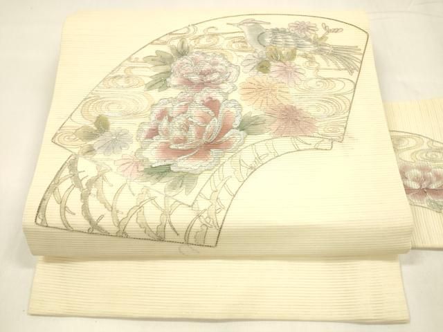 平和屋着物 夏物 九寸名古屋帯 駒刺繍 総刺繍 地紙花鳥文 正絹 cm