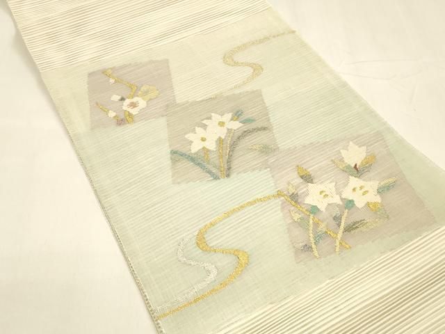 平和屋着物 夏物 絽綴れ 八寸名古屋帯 流水草花文 金銀糸 正絹 cm