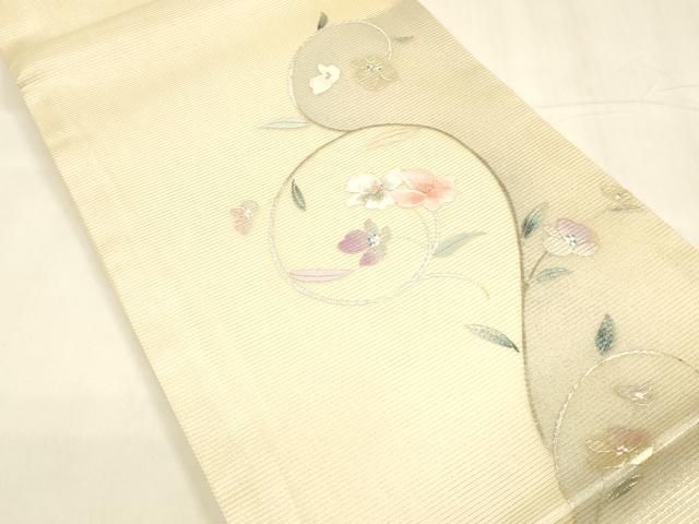 平和屋着物 夏物 九寸開き名古屋帯 刺繍 枝花文 銀彩 正絹 cm