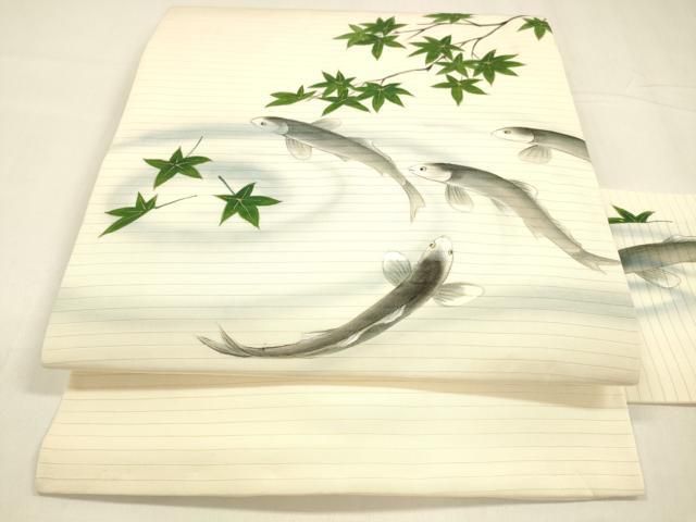 平和屋着物 夏物 絽塩瀬 九寸名古屋帯 手描き 竜田川 魚 金彩 正絹 cm