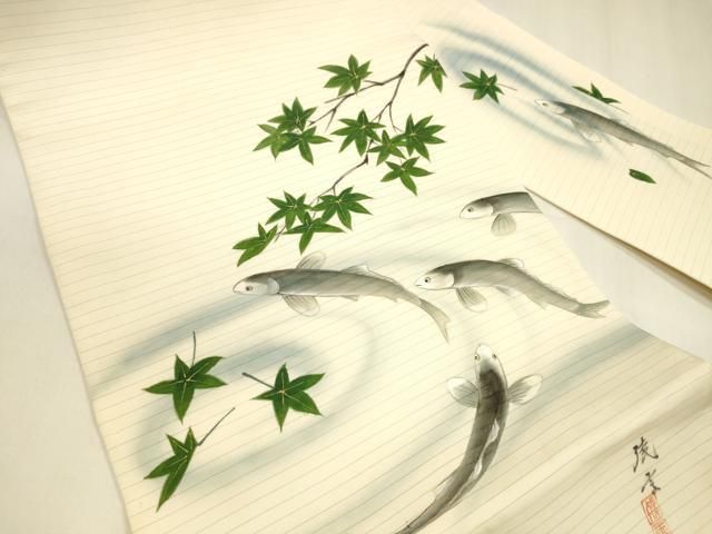 平和屋着物 夏物 絽塩瀬 九寸名古屋帯 手描き 竜田川 魚 金彩 正絹 cm