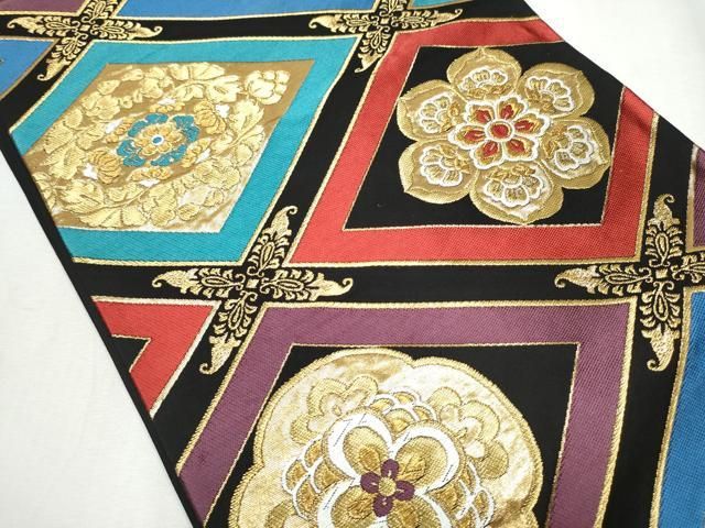 平和屋着物 西陣 六通柄袋帯 錦彩 菱花文 黒地 金糸 証紙付き 上代25万 正絹 hy