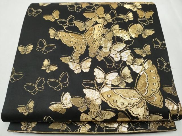 平和屋着物 森英恵 HANAE MORI 六通柄袋帯 舞蝶文 黒地 金糸 正絹 hy