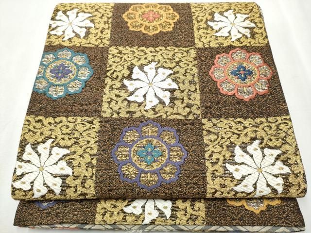 平和屋着物 両面 六通柄袋帯 唐織 市松舞花文 金糸 正絹 hy