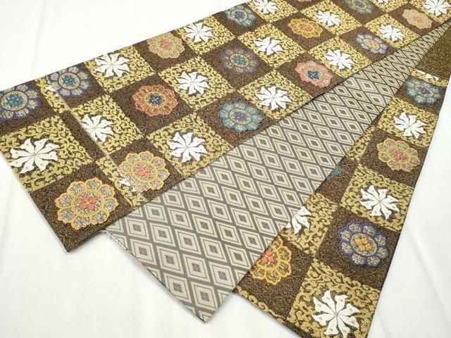  平和屋着物 両面 六通柄袋帯 唐織 市松舞花文 金糸 正絹 hy 袋帯 帯