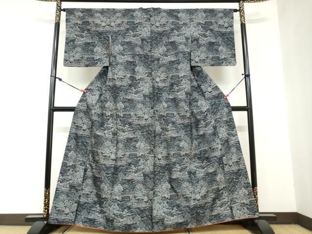 平和屋着物 上質な紬 風景樹林文 正絹 ud