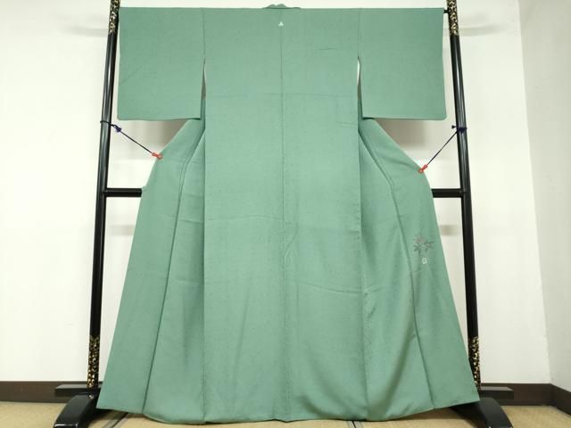 平和屋着物 京加賀友禅 百貫達雄 色無地 霞地紋 緑青色 正絹 ud
