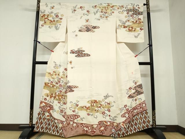 平和屋着物●極上　十日町 名門青柳謹製　絞麗舎　訪問着　駒刺繍　流水草花文　金彩　三越扱い　正絹　逸品　DAAZ7503ud 平和屋着物○極上 十日町 名門青柳謹製 絞麗舎 訪問着 駒刺繍 流水草花