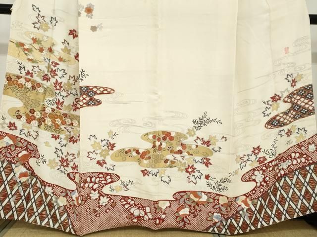 平和屋着物●極上　十日町 名門青柳謹製　絞麗舎　訪問着　駒刺繍　流水草花文　金彩　三越扱い　正絹　逸品　DAAZ7503ud 平和屋着物○極上 十日町 名門青柳謹製 絞麗舎 訪問着 駒刺繍 流水草花