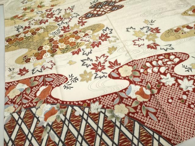 平和屋着物○極上 十日町 名門青柳謹製 絞麗舎 訪問着 駒刺繍 流水草花