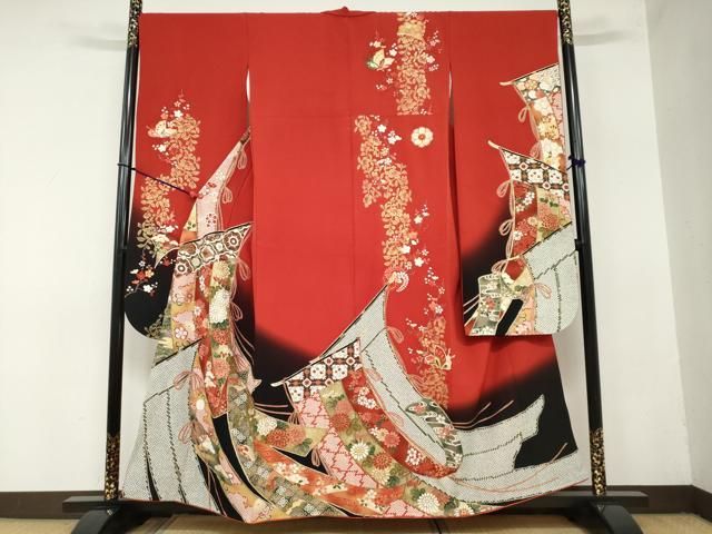 平和屋着物 豪華振袖 几帳扇面草花文 暈し染め 金彩 扱い 正絹 ud