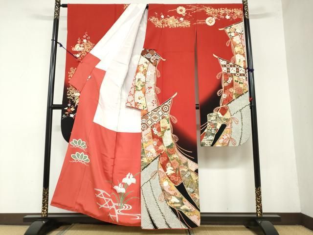 平和屋着物 豪華振袖 几帳扇面草花文 暈し染め 金彩 扱い 正絹 ud