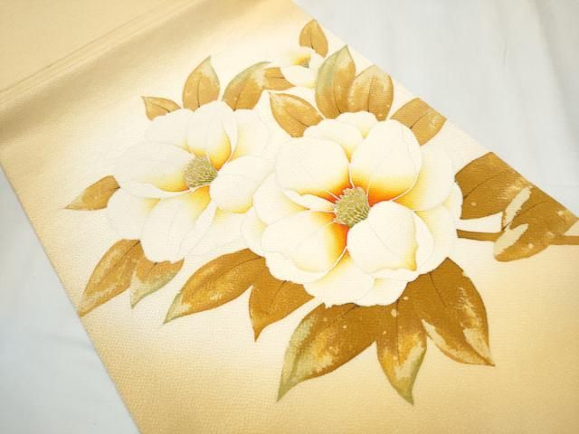 平和屋着物 鎌倉友禅 坂井教人 日本工芸会正会員 九寸開き名古屋帯 椿 金彩 鬼しぼ縮緬 正絹 hy