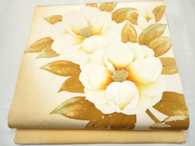 平和屋着物 鎌倉友禅 坂井教人 日本工芸会正会員 九寸開き名古屋帯 椿 金彩 鬼しぼ縮緬 正絹 hy