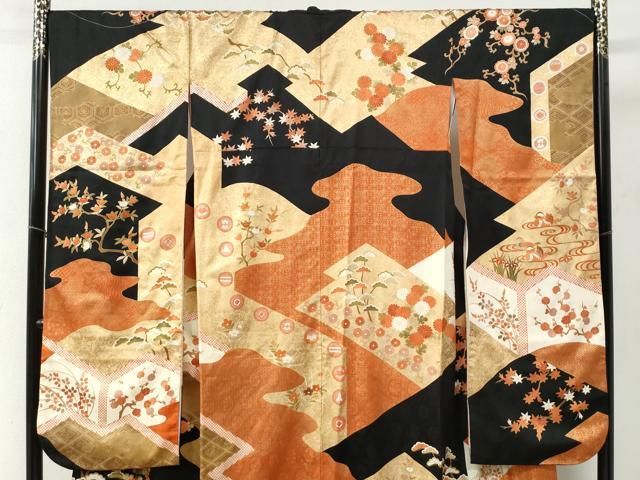 平和屋着物 豪華振袖 駒刺繍 流水鴛鴦橘草花文 黒地 金彩 正絹 yc