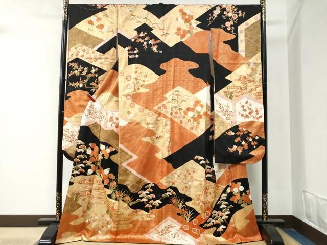 平和屋着物 豪華振袖 駒刺繍 流水鴛鴦橘草花文 黒地 金彩 正絹 yc