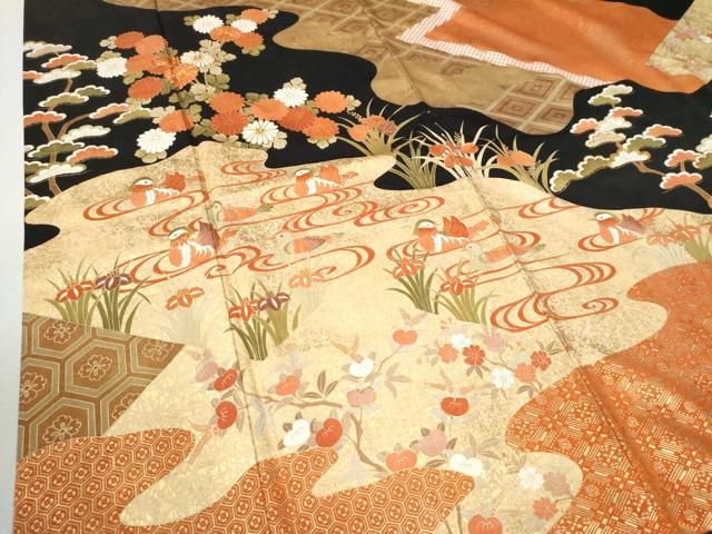  平和屋着物 豪華振袖 駒刺繍 流水鴛鴦橘草花文 黒地 金彩 正絹 yc 振袖 着物