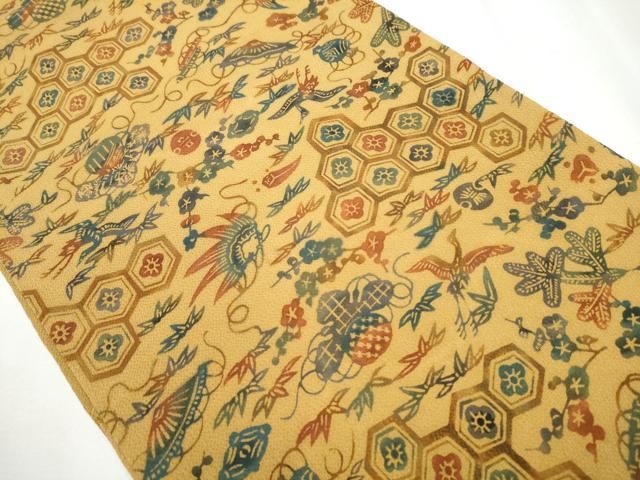 平和屋着物 九寸開き名古屋帯 型染め 飛鶴松竹梅 鬼しぼ縮緬 正絹 hy