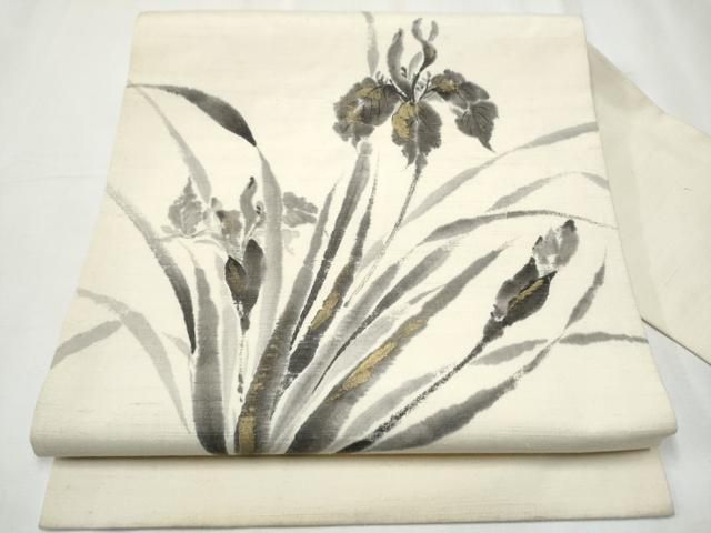 平和屋着物 九寸名古屋帯 作家物 手描き 紬地 草花文 金彩 正絹 hy