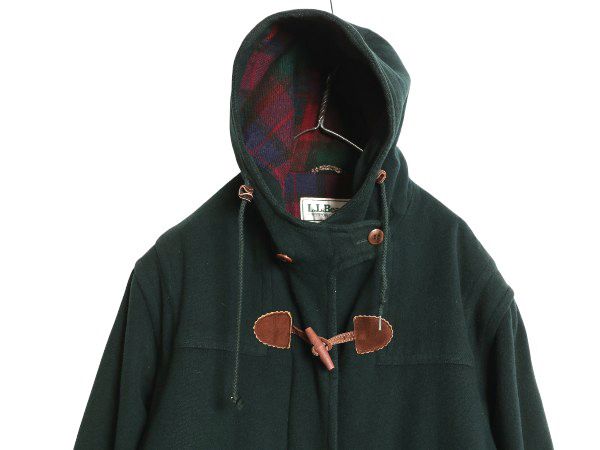 な ! 90 s エルエルビーン ダッフル コート レディース L 旧タグ メルトン ウール ハーフコート 中綿 チェック ライナー付き グリーン