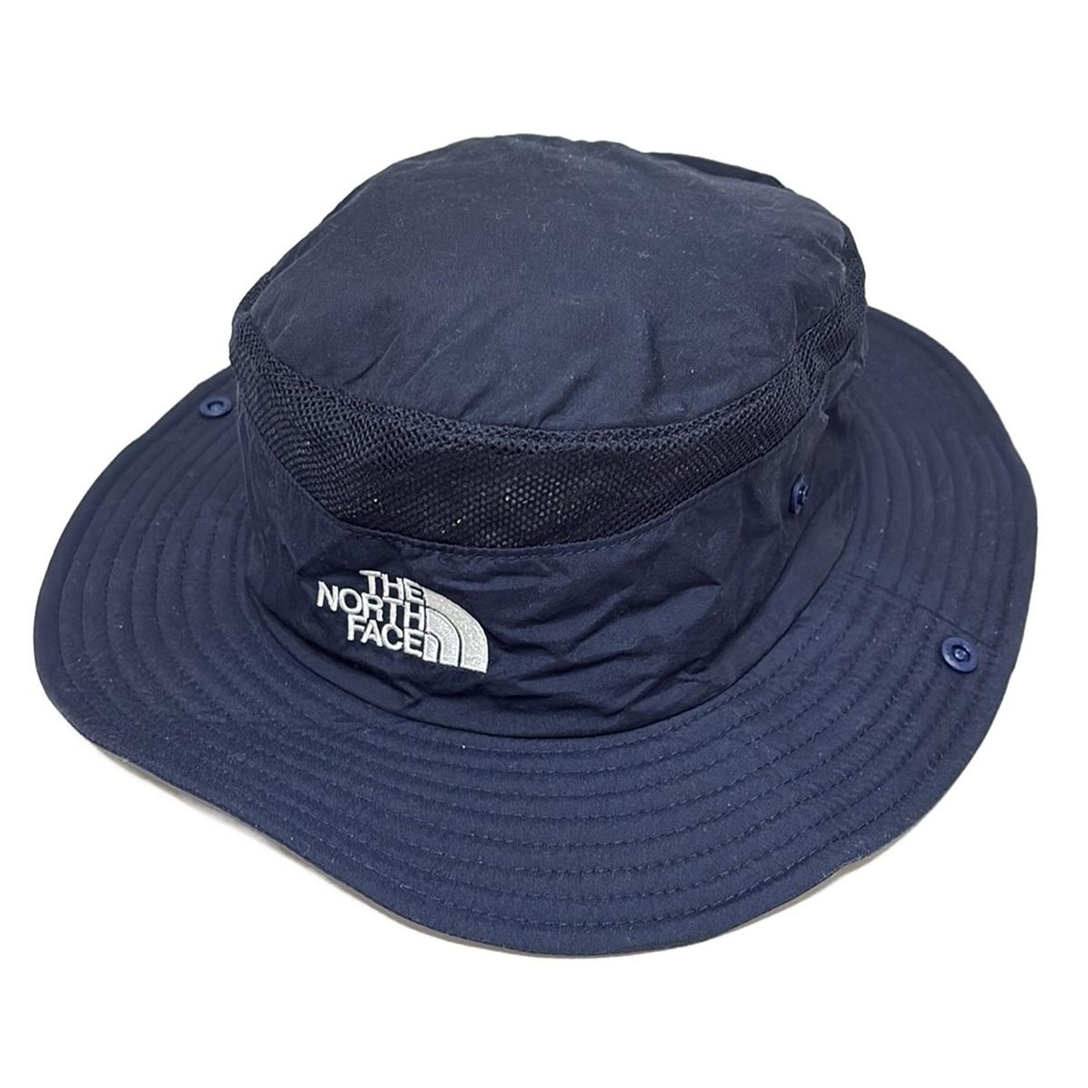 THE NORTH FACE ノースフェイス ハット M - ネイビー 刺繍 メッシュ 首紐 サンシールド着脱可