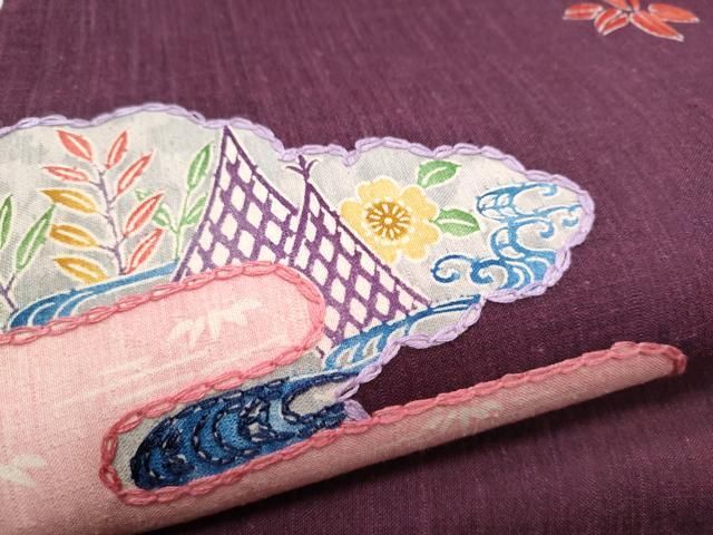  平和屋着物 九寸名古屋帯 紬地 刺繍 型染め 雲取り草花文 正絹 hy 名古屋帯 帯