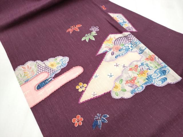 平和屋着物 九寸名古屋帯 紬地 刺繍 型染め 雲取り草花文 正絹 hy