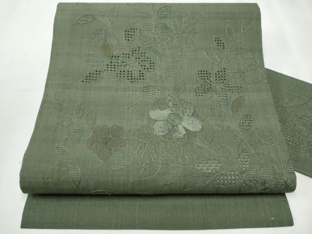 平和屋着物 中国三大刺繍 スワトウ相良刺繍 総刺繍 九寸名古屋帯 紬地 辻が花 藍媚茶色 正絹 hy