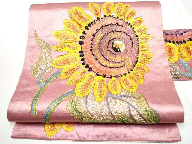 平和屋着物 アンティーク 大正ロマン 九寸名古屋帯 総手刺繍 向日葵 正絹 hy