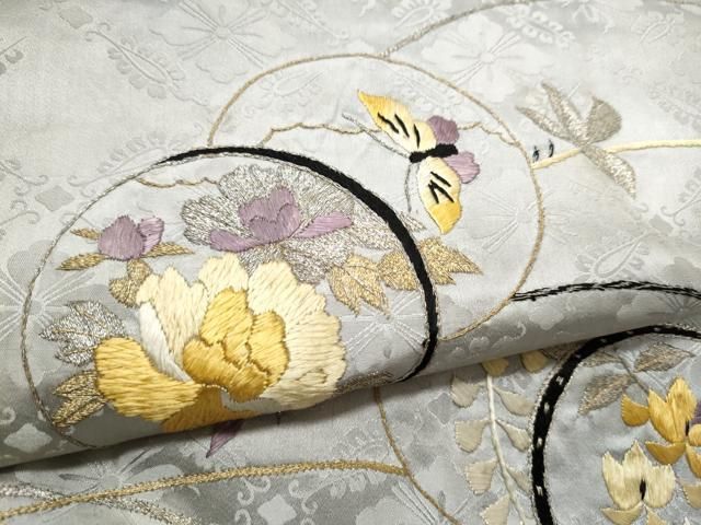  平和屋着物 アンティーク 大正ロマン 九寸名古屋 総手刺繍 花蝶丸文 金銀糸 正絹 hy その他 着物 浴衣
