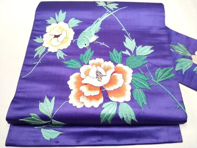 平和屋着物 アンティーク 大正ロマン 九寸名古屋帯 総手刺繍 休み鳥枝牡丹 正絹 hy