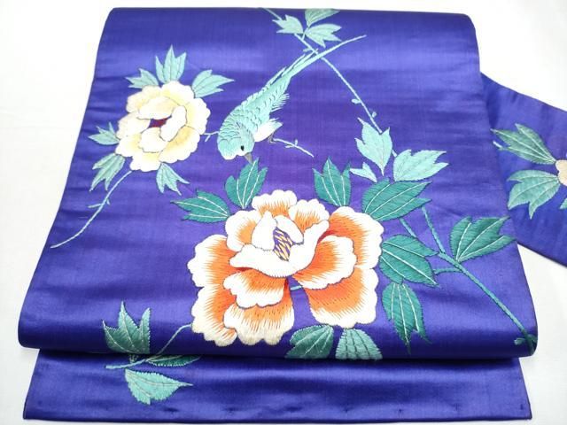 平和屋着物 アンティーク 大正ロマン 九寸名古屋帯 総手刺繍 休み鳥枝牡丹 正絹 hy