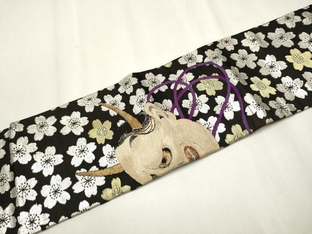 平和屋着物○アンティーク 大正ロマン 九寸名古屋帯 能面 舞桜文 黒地