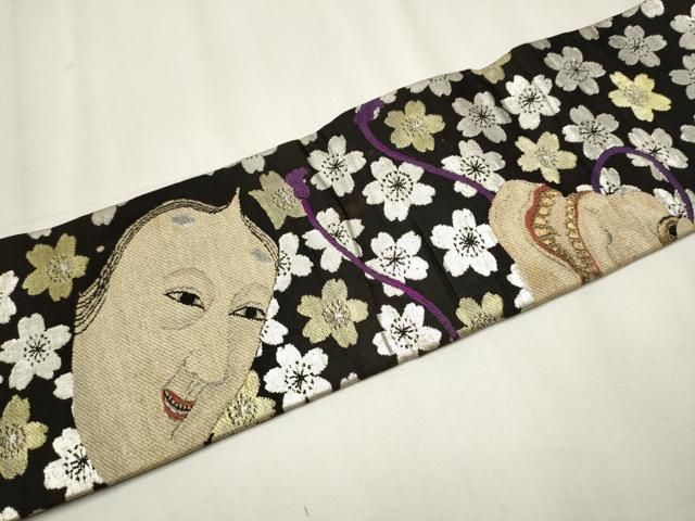 平和屋着物○アンティーク 大正ロマン 九寸名古屋帯 能面 舞桜文 黒地
