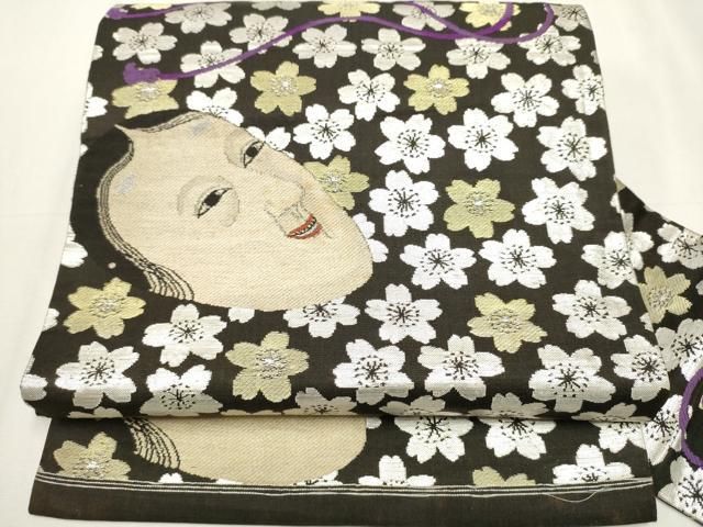 平和屋着物 アンティーク 大正ロマン 九寸名古屋帯 能面 舞桜文 黒地 金銀糸 正絹 hy