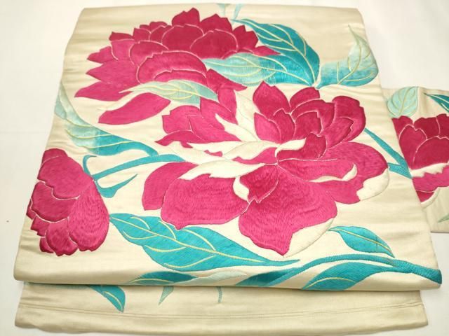 平和屋着物 アンティーク 大正ロマン 九寸名古屋帯 総刺繍 枝花文 正絹 hy