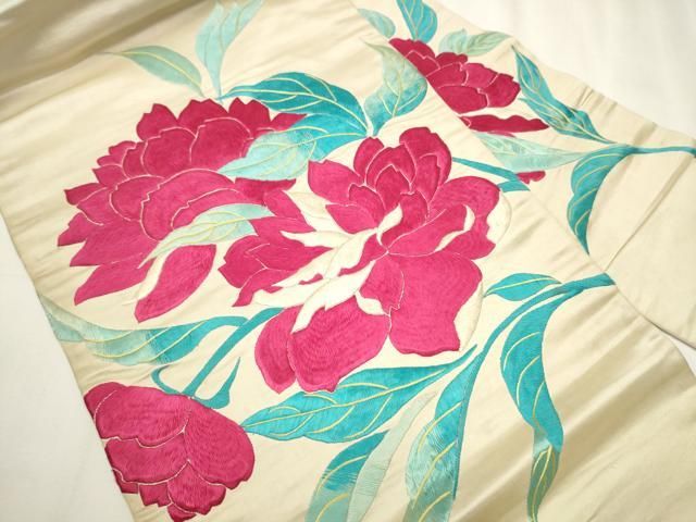 平和屋着物 アンティーク 大正ロマン 九寸名古屋帯 総刺繍 枝花文 正絹 hy