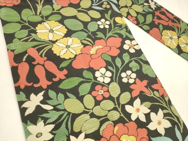 平和屋着物 夏物 アンティーク 大正ロマン 九寸名古屋帯 草花文 黒地 正絹 cm