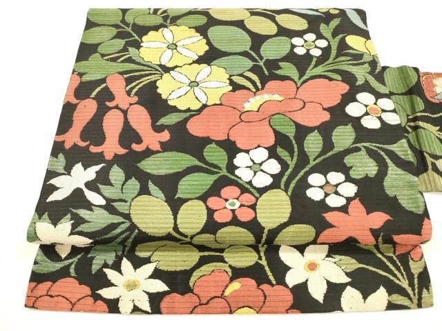 平和屋着物 夏物 アンティーク 大正ロマン 九寸名古屋帯 草花文 黒地 正絹 cm