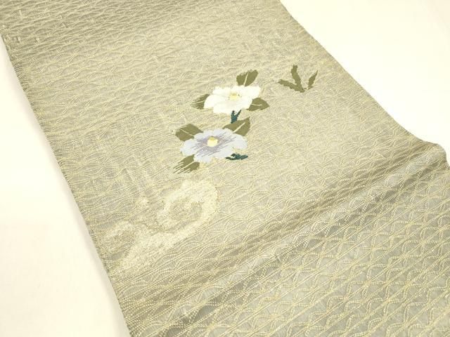 平和屋着物 夏物 六通柄袋帯 流水草花文 金糸 正絹 cm