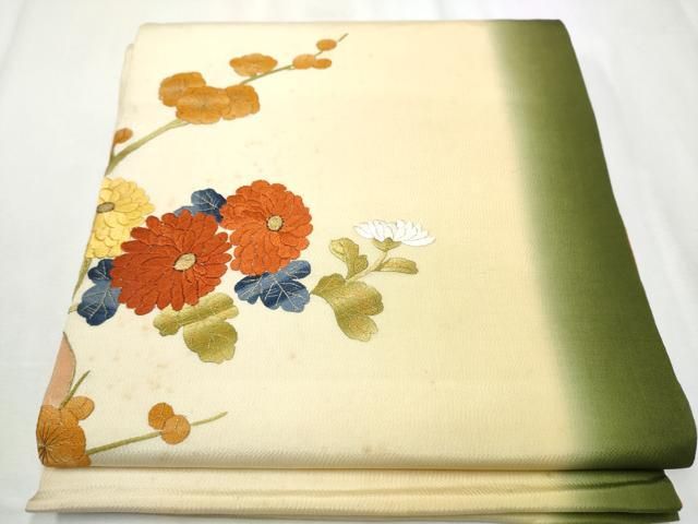 平和屋着物 アンティーク 大正ロマン 丸帯 総手刺繍 駒刺繍 枝花文 金糸 引き抜き帯 正絹 hy