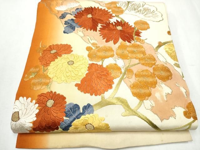 平和屋着物○アンティーク 大正ロマン 丸帯 総手刺繍 駒刺繍 枝花文