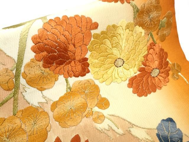 平和屋着物○アンティーク 大正ロマン 丸帯 総手刺繍 駒刺繍 枝花文