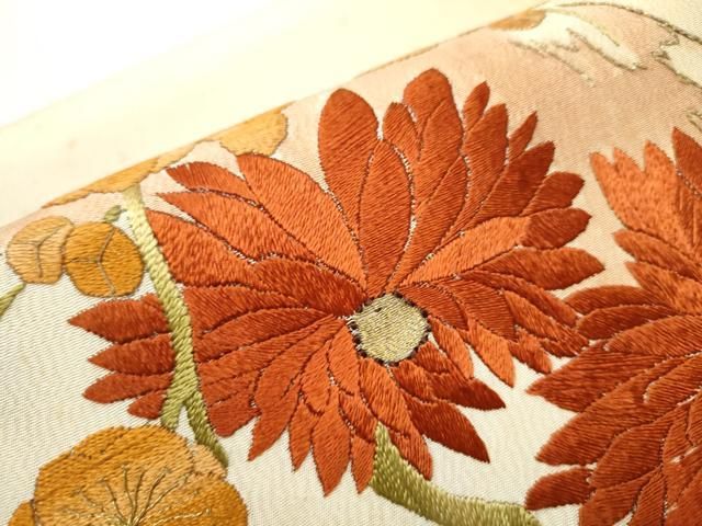 平和屋着物○アンティーク 大正ロマン 丸帯 総手刺繍 駒刺繍 枝花文